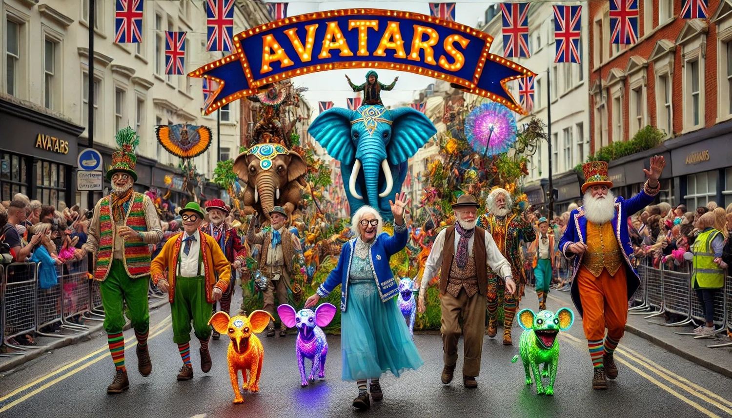 An AI-generated street parade of older people in bright costumes leading glowing animals under an 'Avatars' banner.