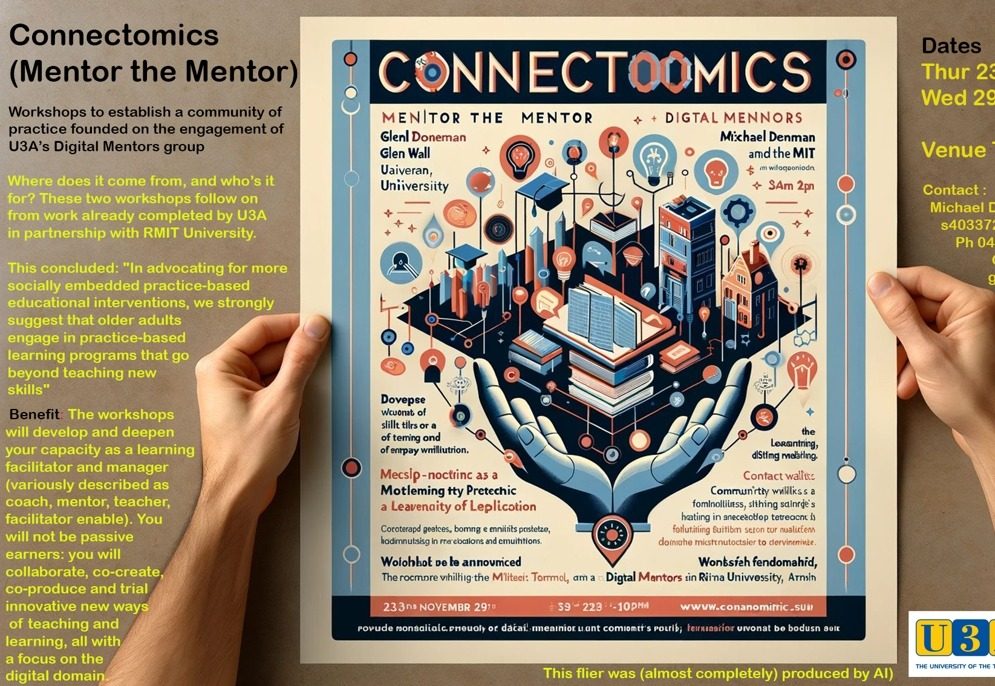 A workshop flier held up to camera, its AI-generated text visibly garbled and misspelled.