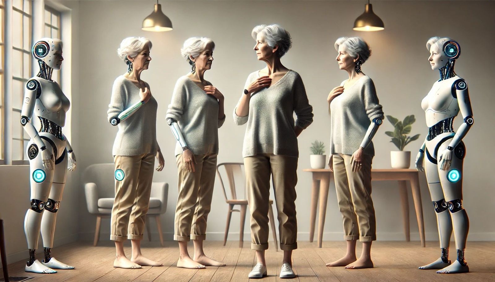 Six figures in a row, ageing from android to human and back again — an AI-generated composite of one person's avatars.