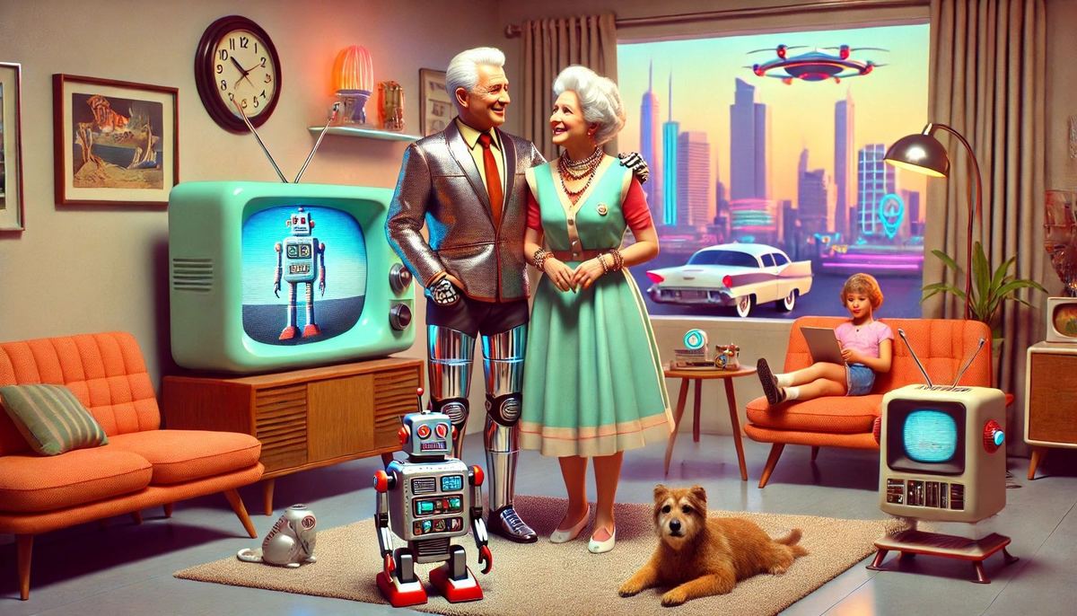 An AI-generated 1950s living room with an older couple, a toy robot, a dog and a retro-futuristic city through the window.