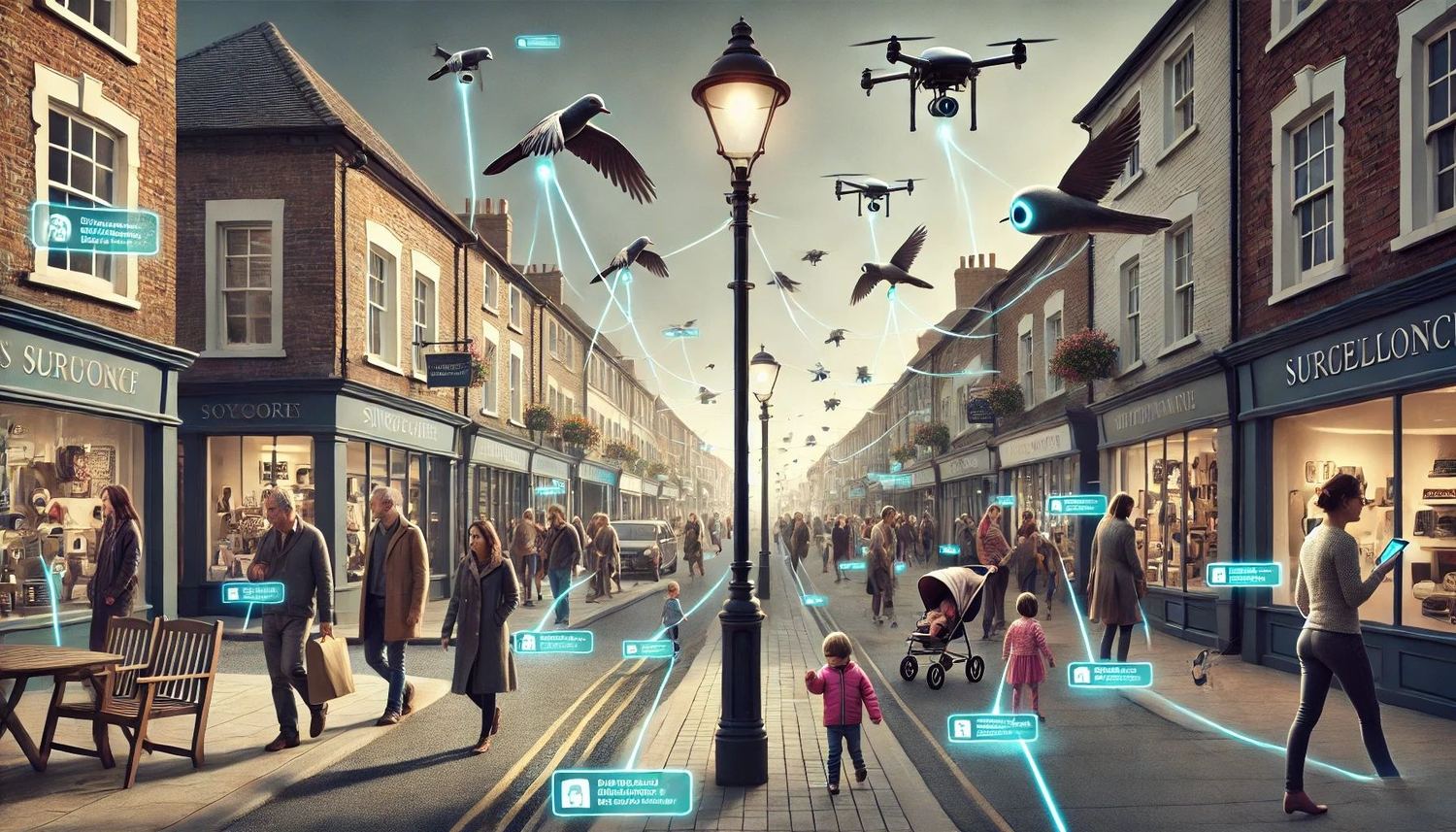 An AI-generated street scene in which every passer-by, bird and drone trails a glowing data-identification tag.
